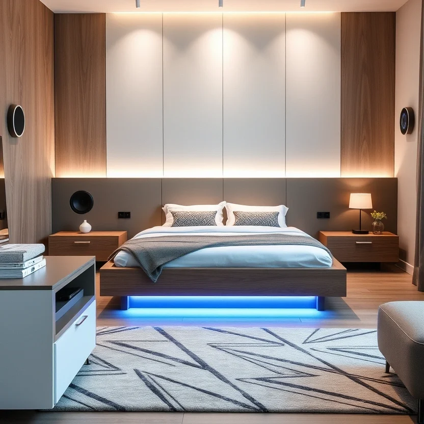 Sleek bedroom with cutting-edge technology